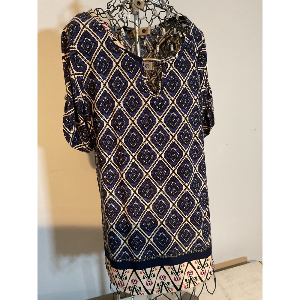 Ooh La La Womens Blue Geometric Diamond Print Roll Tab Sleeve Tunic‎ Top L